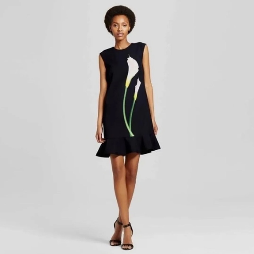 NEW Victoria Beckham Black Calla Lily Satin Ruffle Hem Sleeveless Size XS